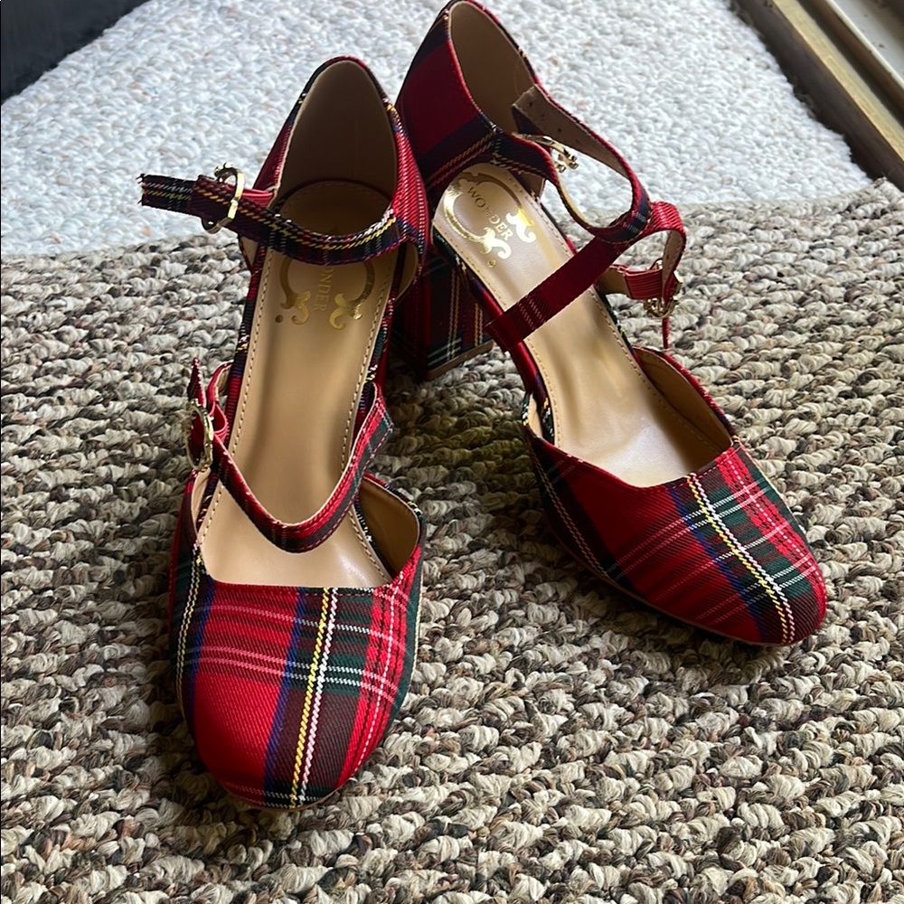 C. Wonder Red Heels with Classic Plaid Design